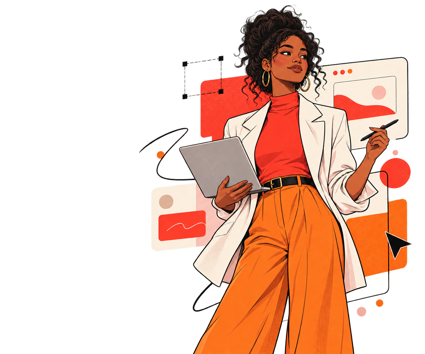 A creative director holding a laptop and stylus beside abstract website-editor shapes.