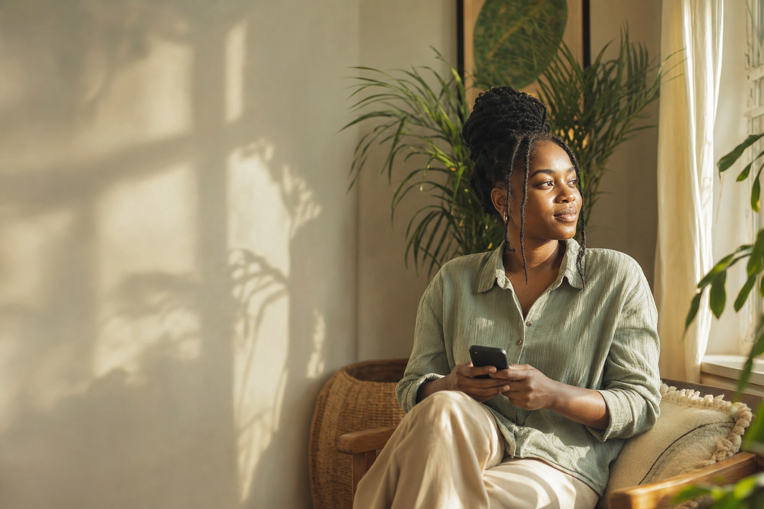 A calm young adult using a phone beside a sunlit window.