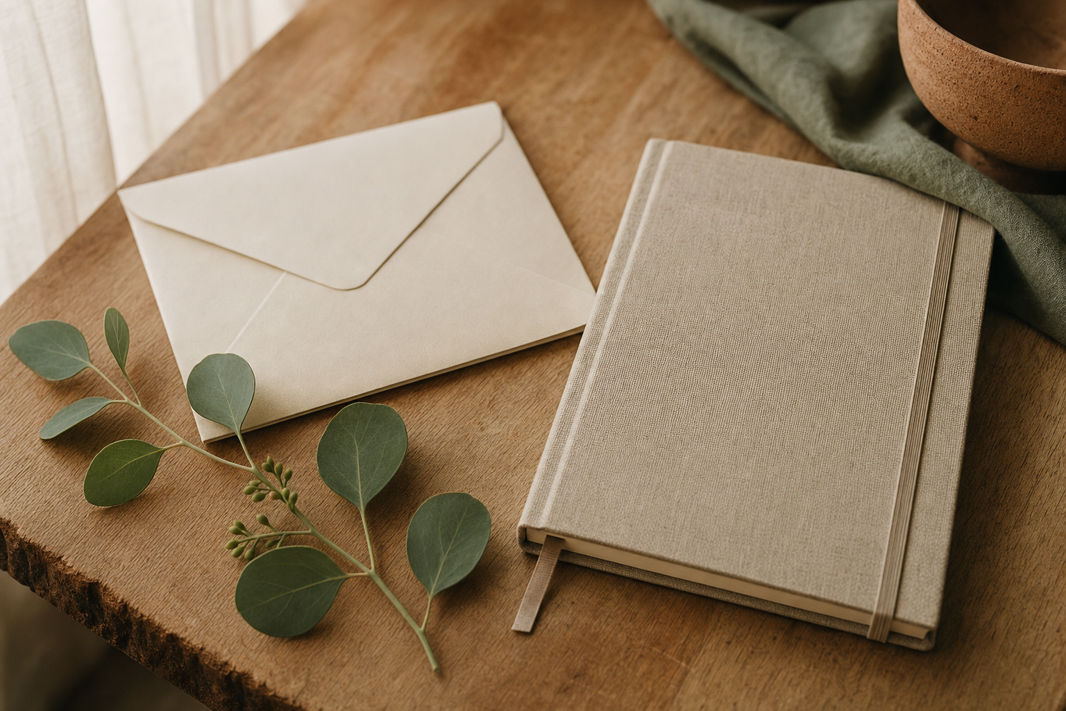 A closed journal and sealed envelope beside a leafy sprig.