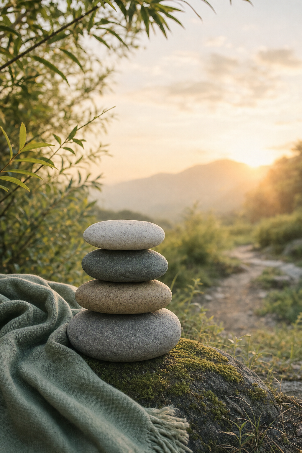 Smooth stones stacked beside a path at sunrise.