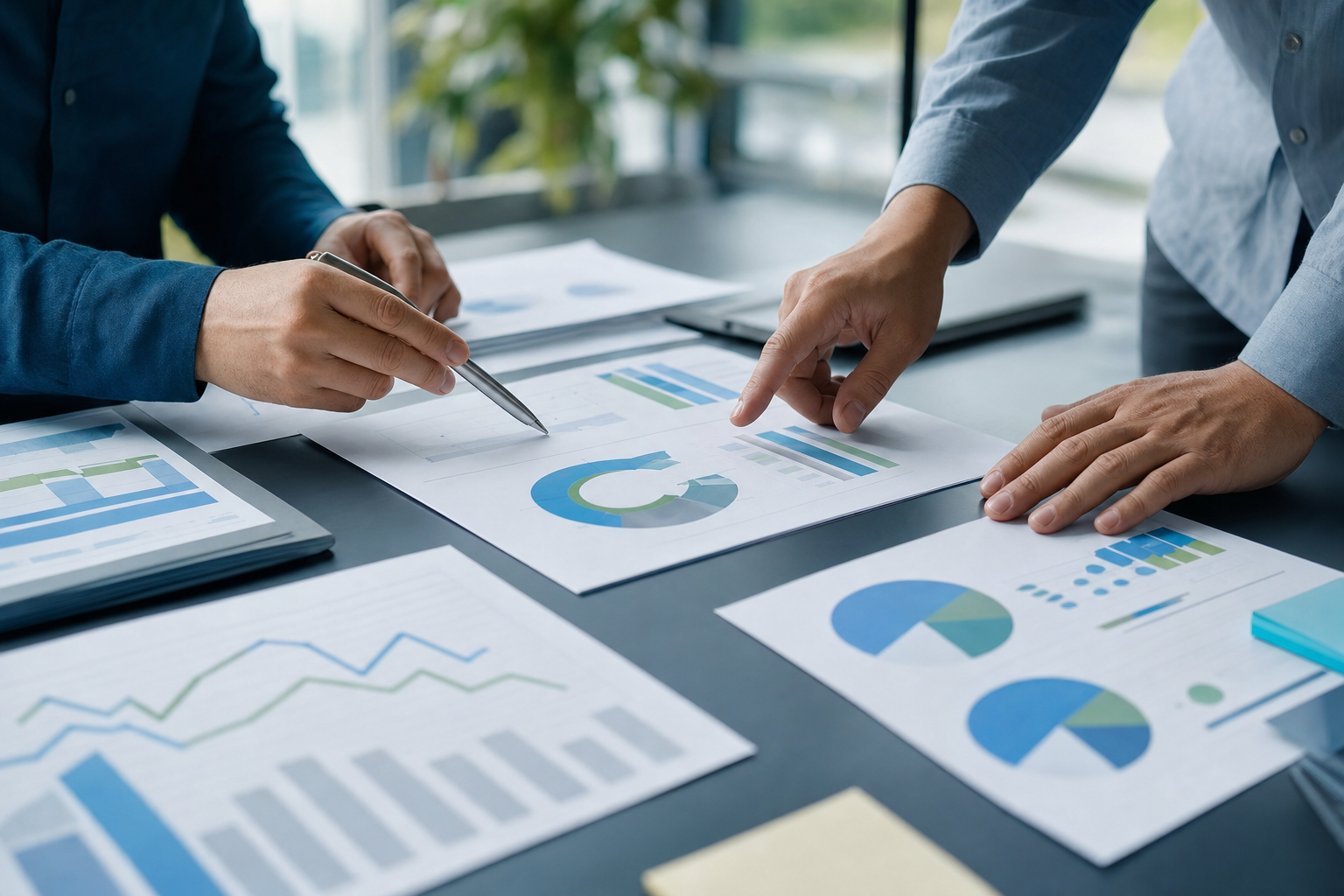 Hands reviewing business charts and documents on a desk