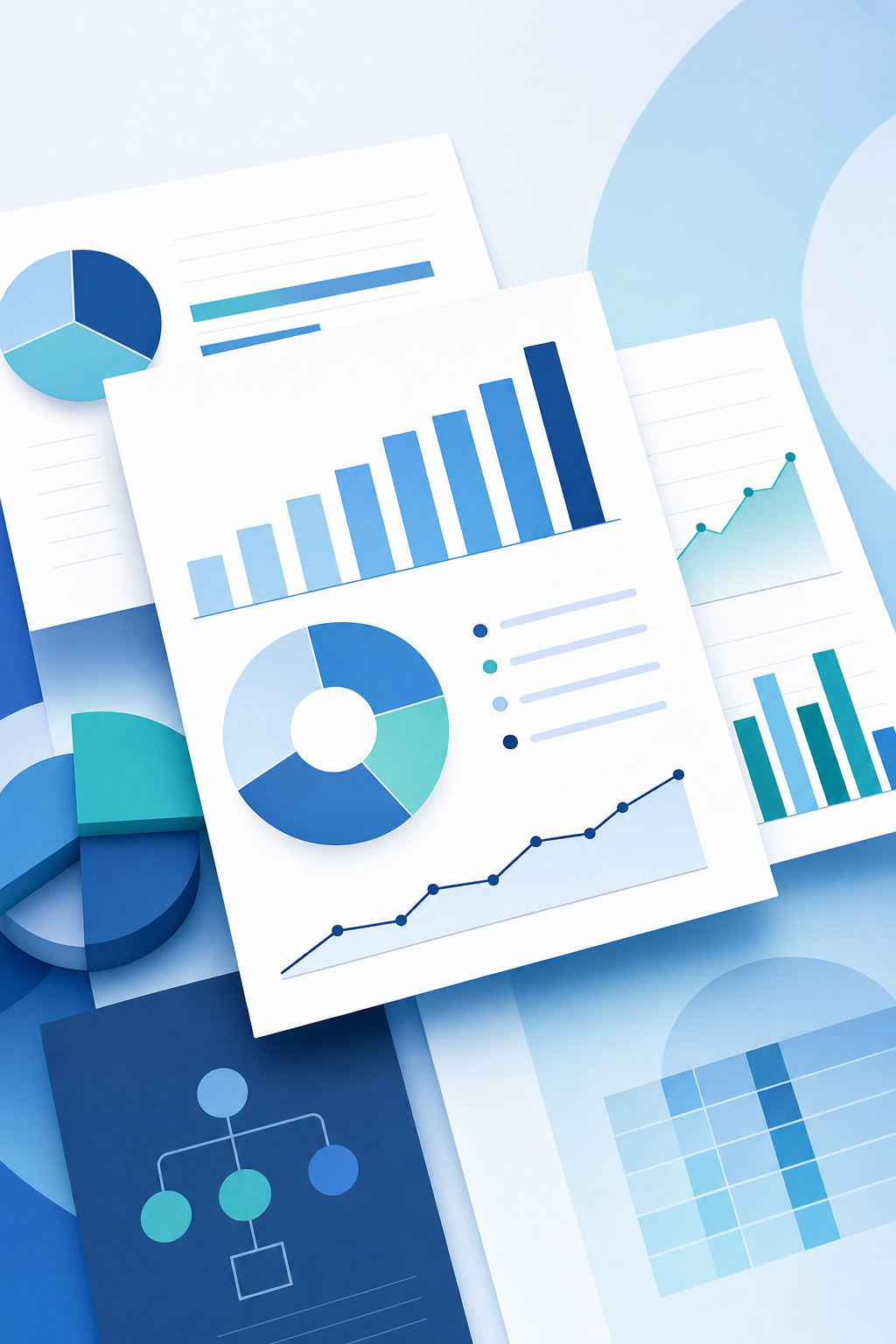 Overlapping financial and operational reports with bar, donut and line charts