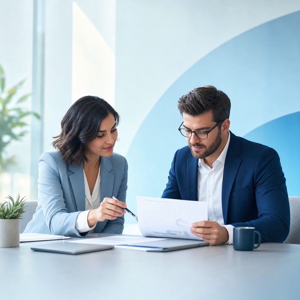 Two consultants reviewing business documents at a table