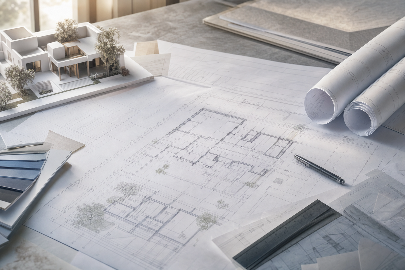 Architectural plans and drafting materials