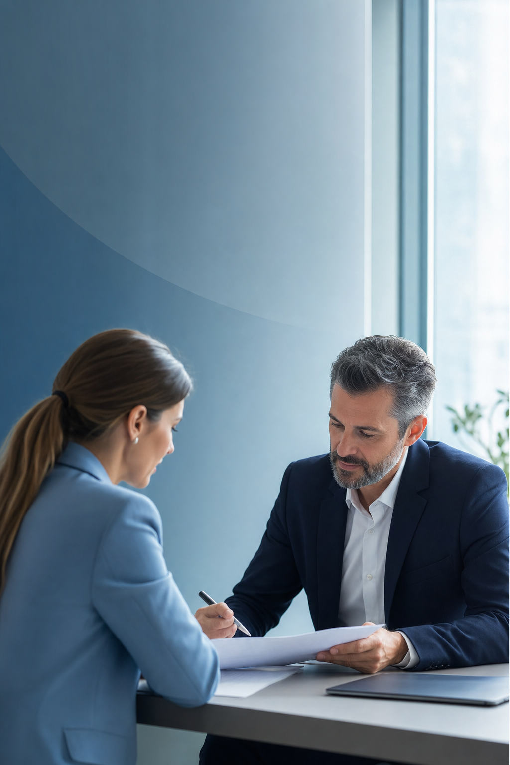 Two business professionals reviewing documents across a desk