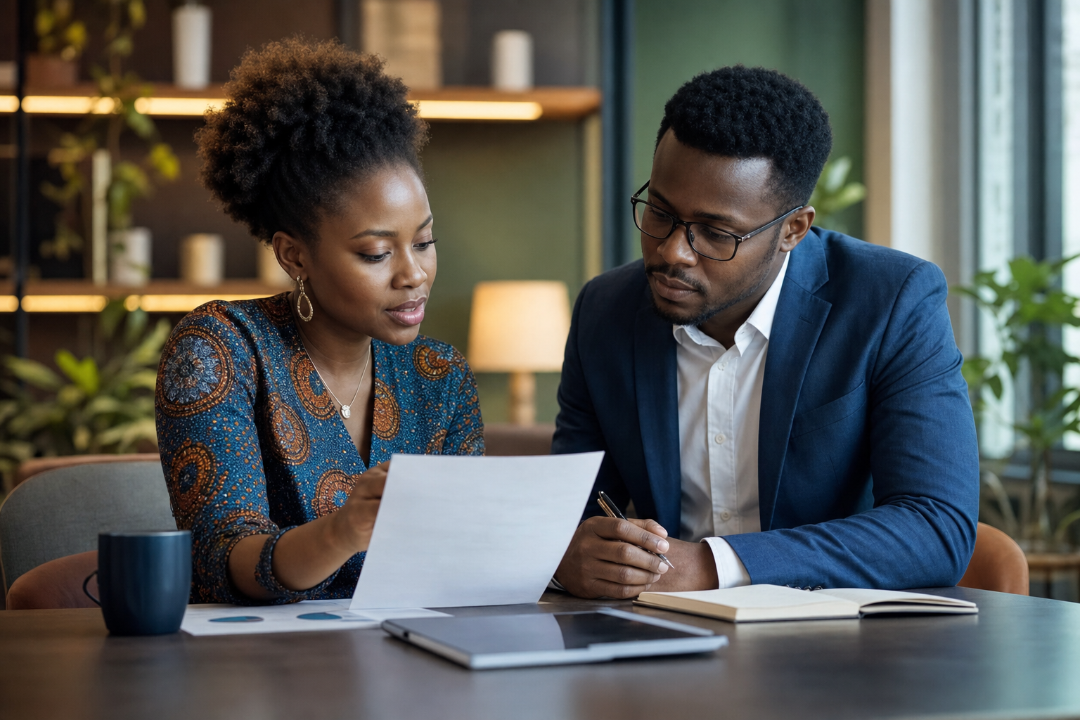 Two professionals reviewing documents at a table