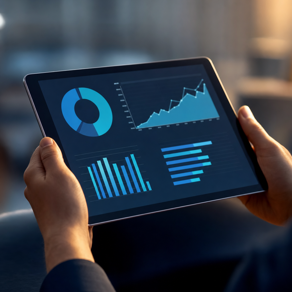 Business analytics dashboard displayed on a tablet