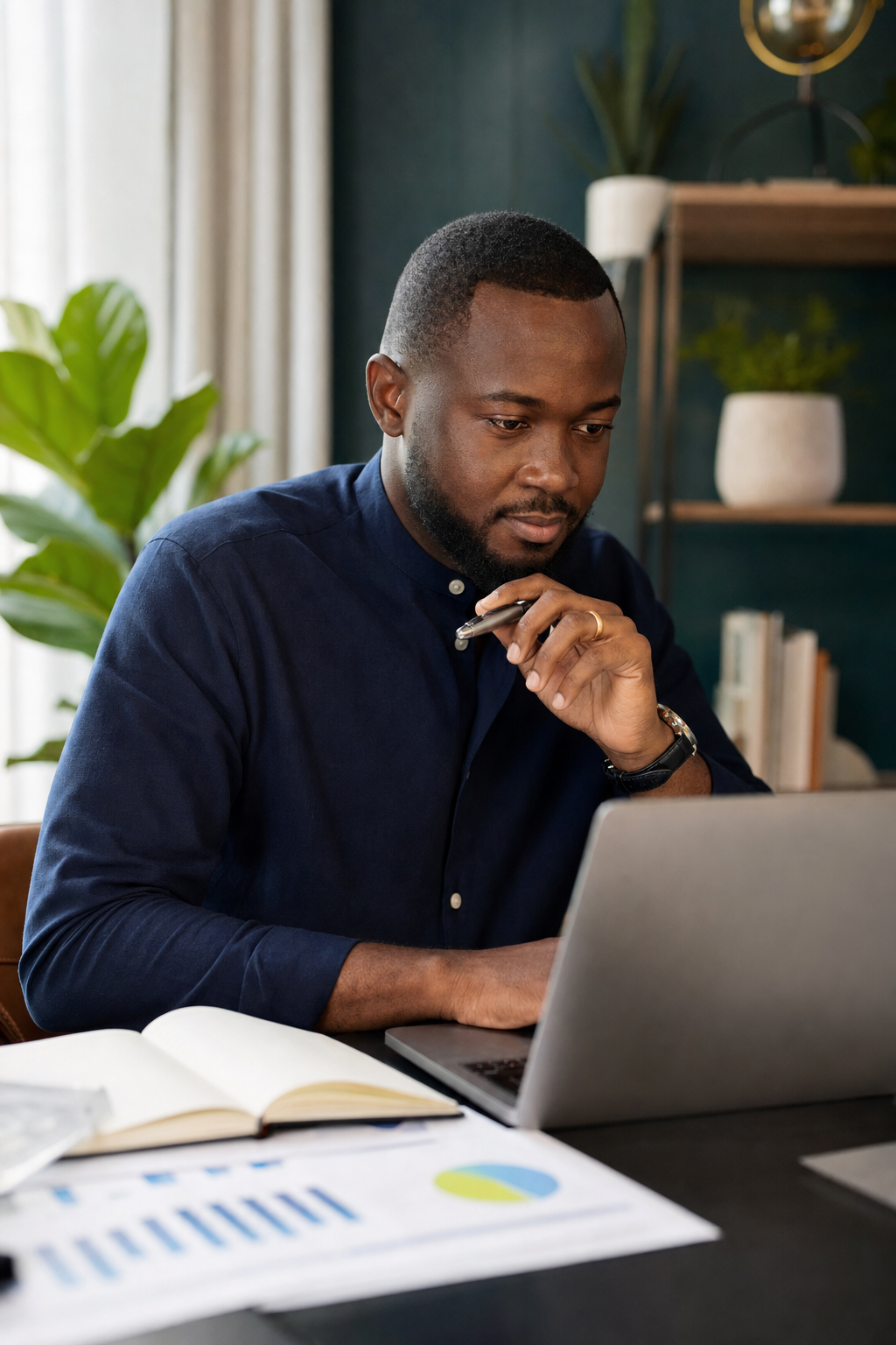 Business owner working on a laptop at a desk with reports and a notebook