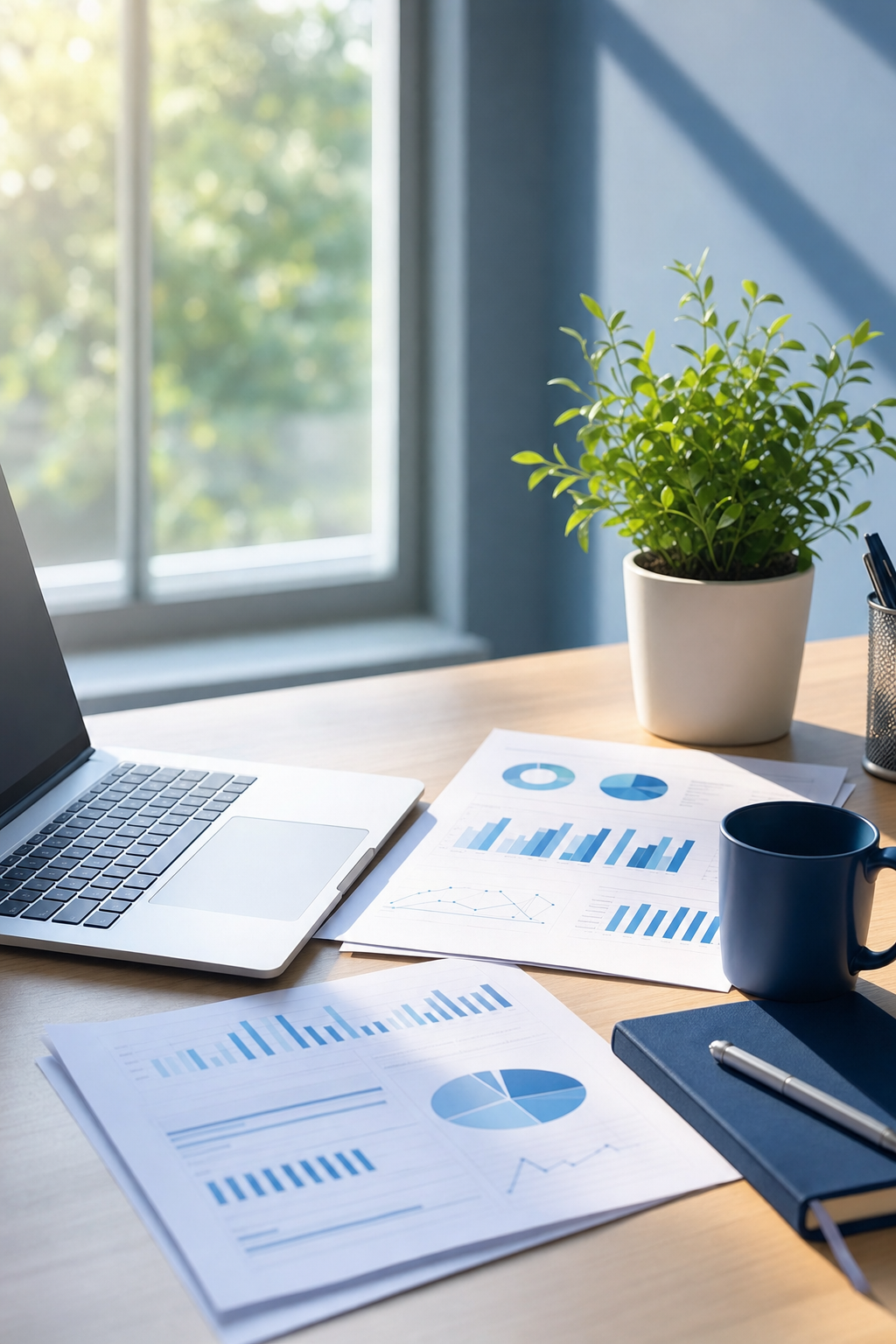 Bright office desk with laptop, financial papers, mug, notebook and plant