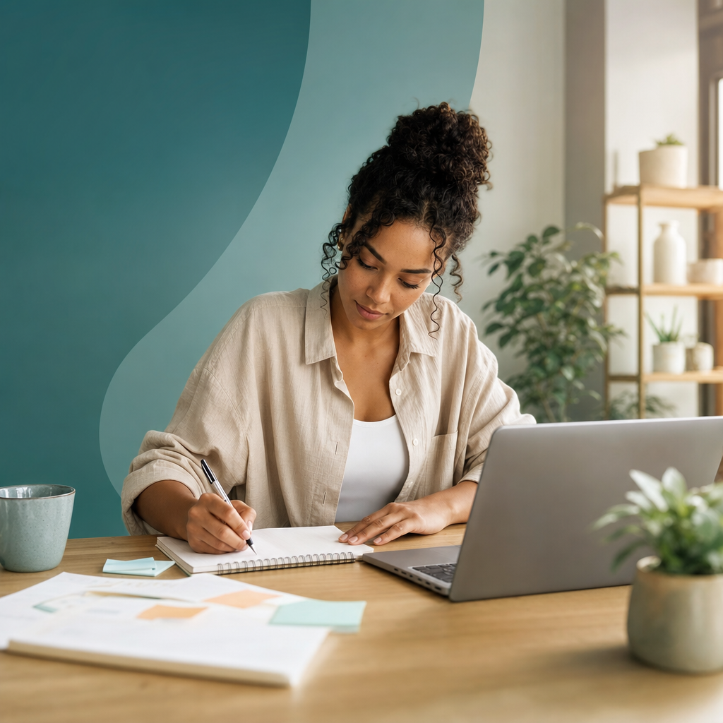 Business owner writing plans beside a laptop