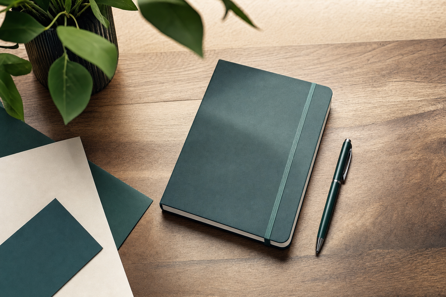 Accel-branded notebook, stationery, pen, and foliage arranged on a wooden desk