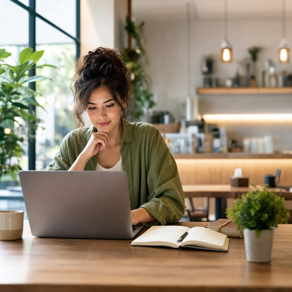 Founder working on a laptop in a café