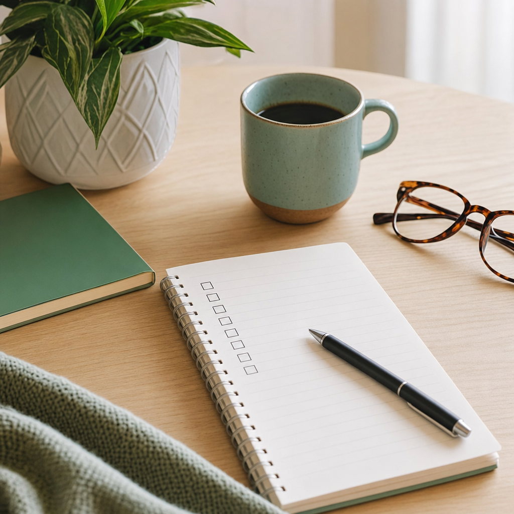 Desk with plant, mug, notebook, glasses, pen, green book, and a preparation checklist