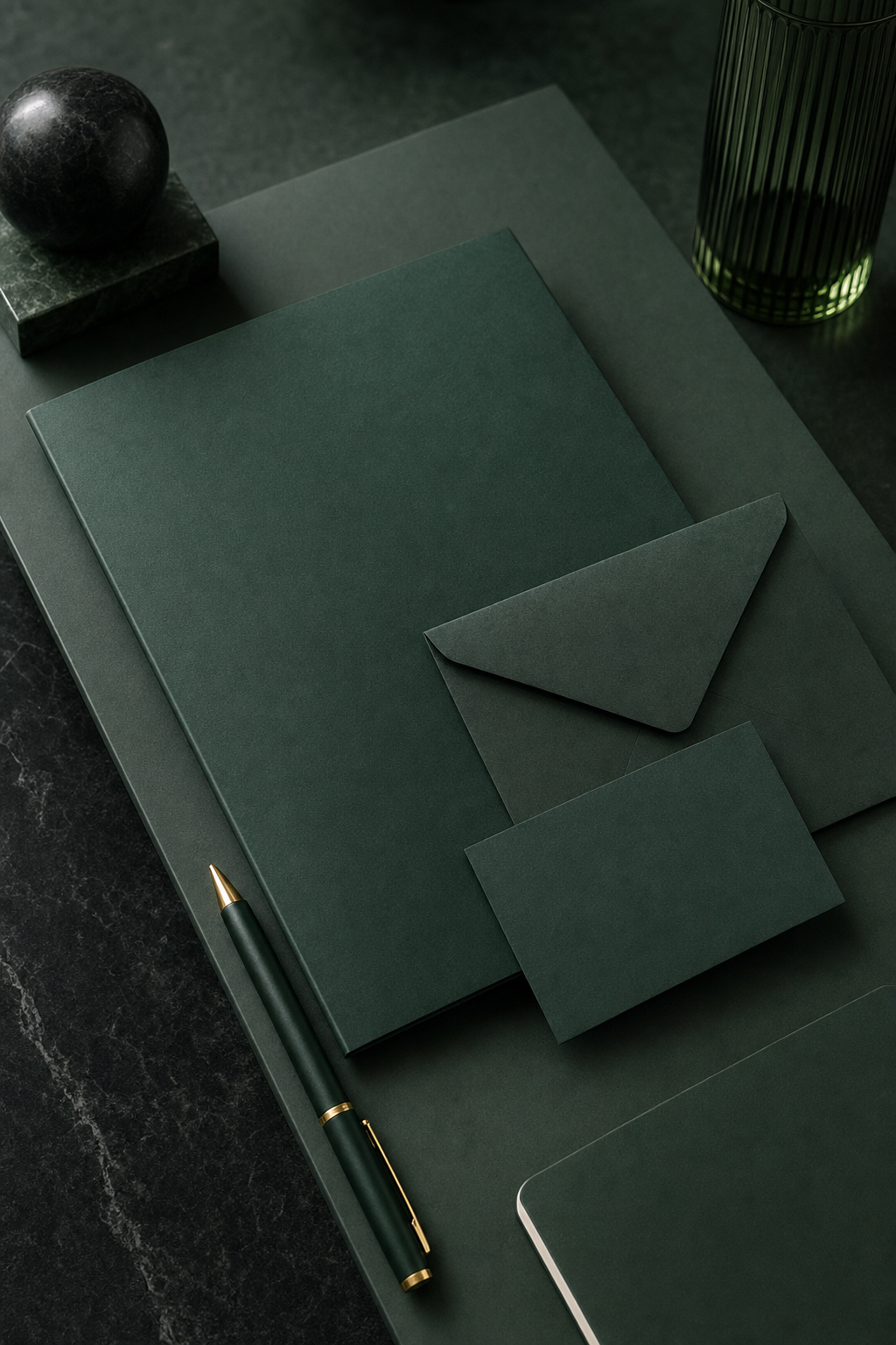 Dark green Accel Business Consult stationery and brand collateral
