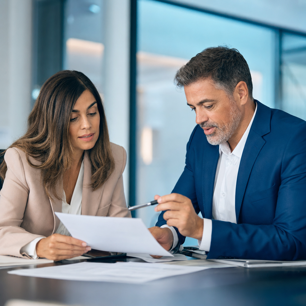 Two business professionals reviewing documents at a table
