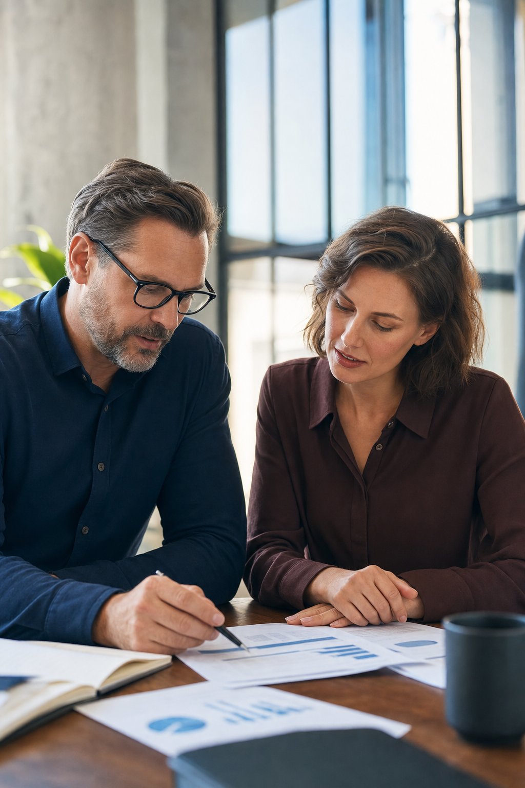 Two business owners reviewing financial documents together at a desk in a bright office.