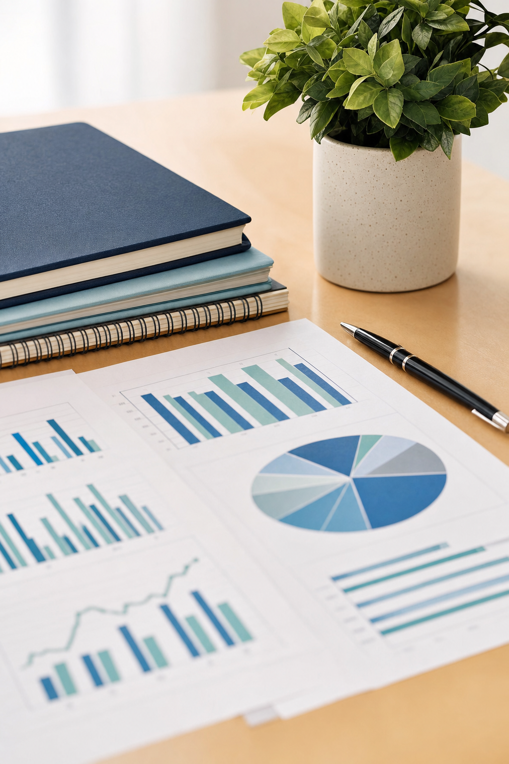 Desk with stacked notebooks, pen, potted plant and printed financial charts