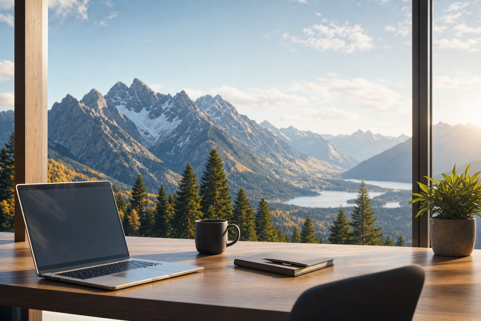 Mountain landscape beside an office desk with laptop, notebook, mug and plant
