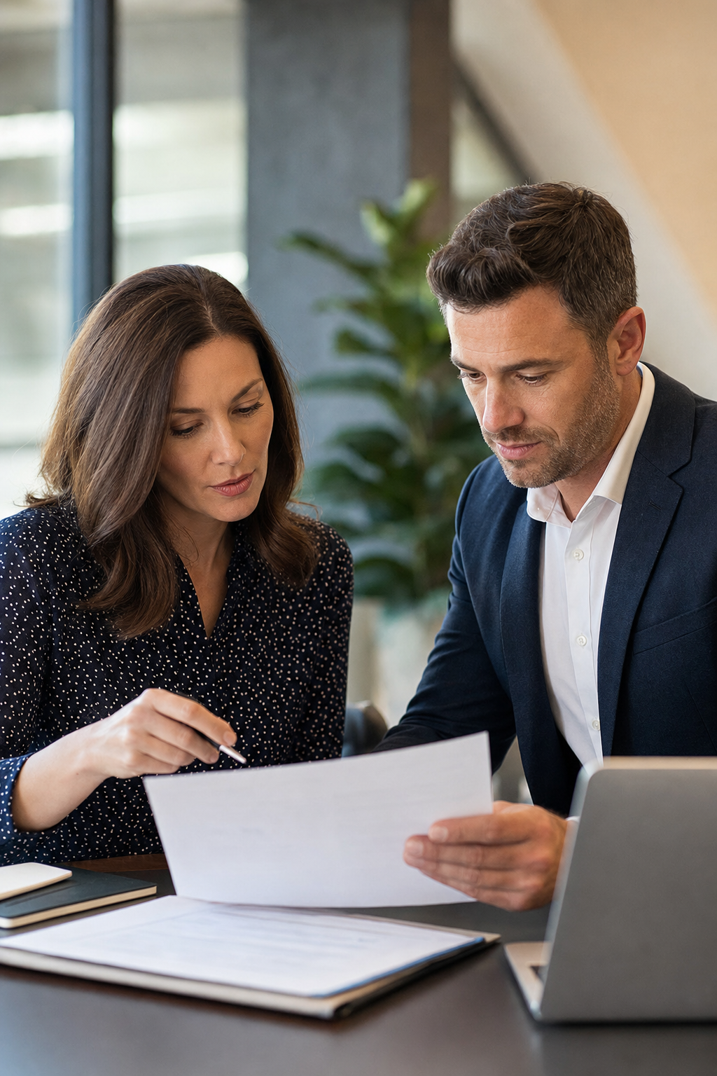 Two business consultants reviewing documents together at a table beside a laptop.