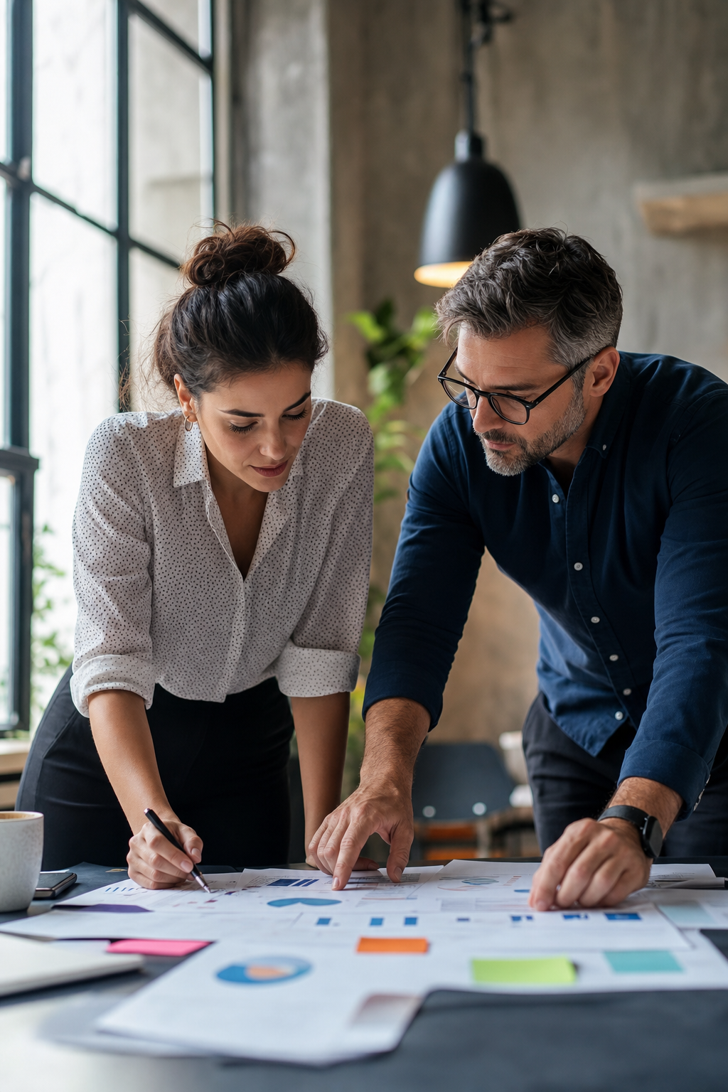 Two business professionals reviewing plans and charts at a table