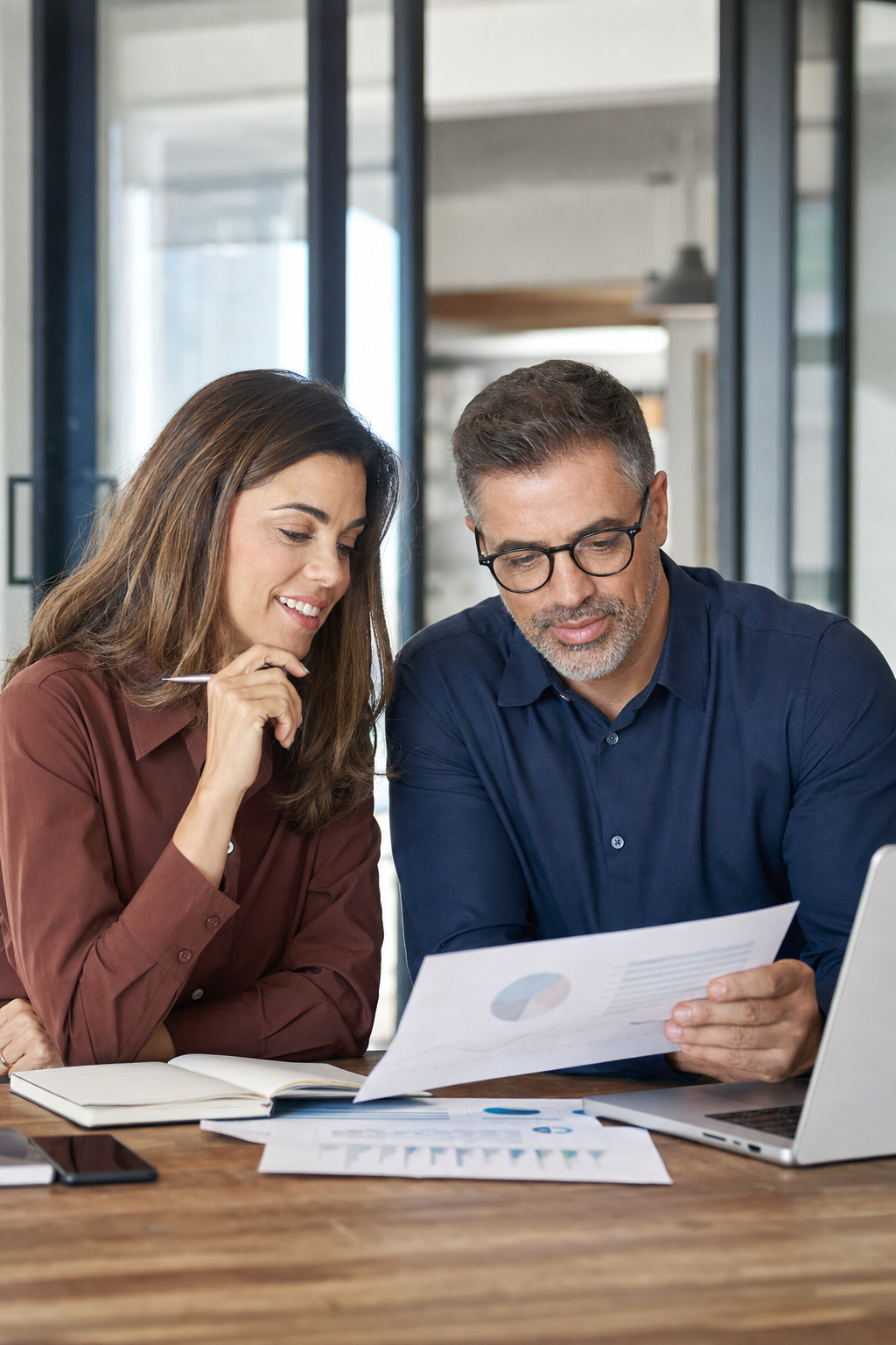 Two business owners reviewing printed reports together at a desk