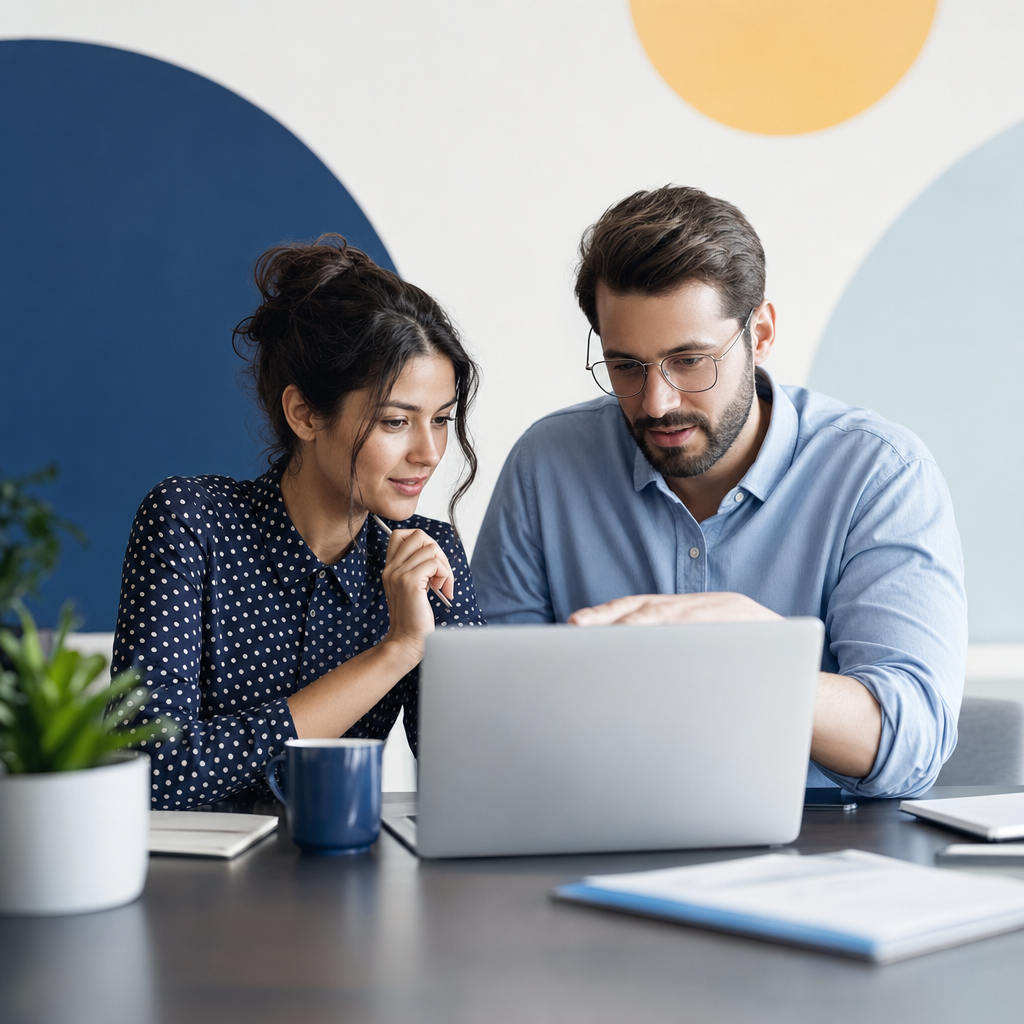 Two colleagues reviewing business information on a laptop