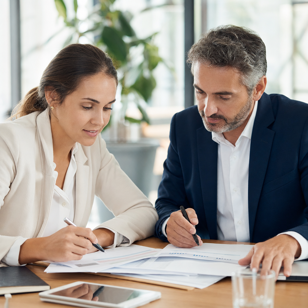 Two business advisers reviewing documents at a table