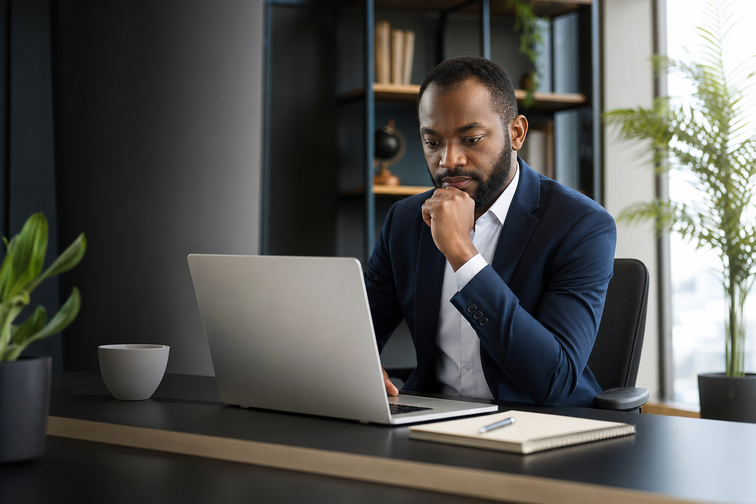 Business professional reviewing work on a laptop