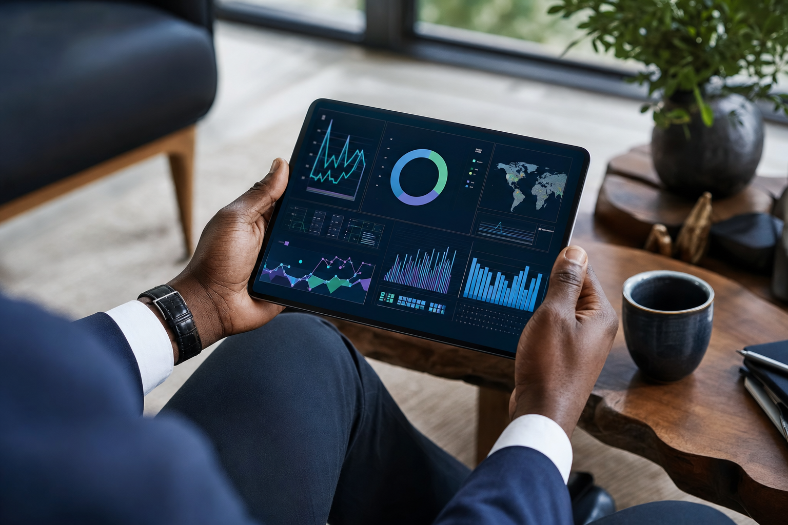 Hands holding a tablet displaying a business dashboard
