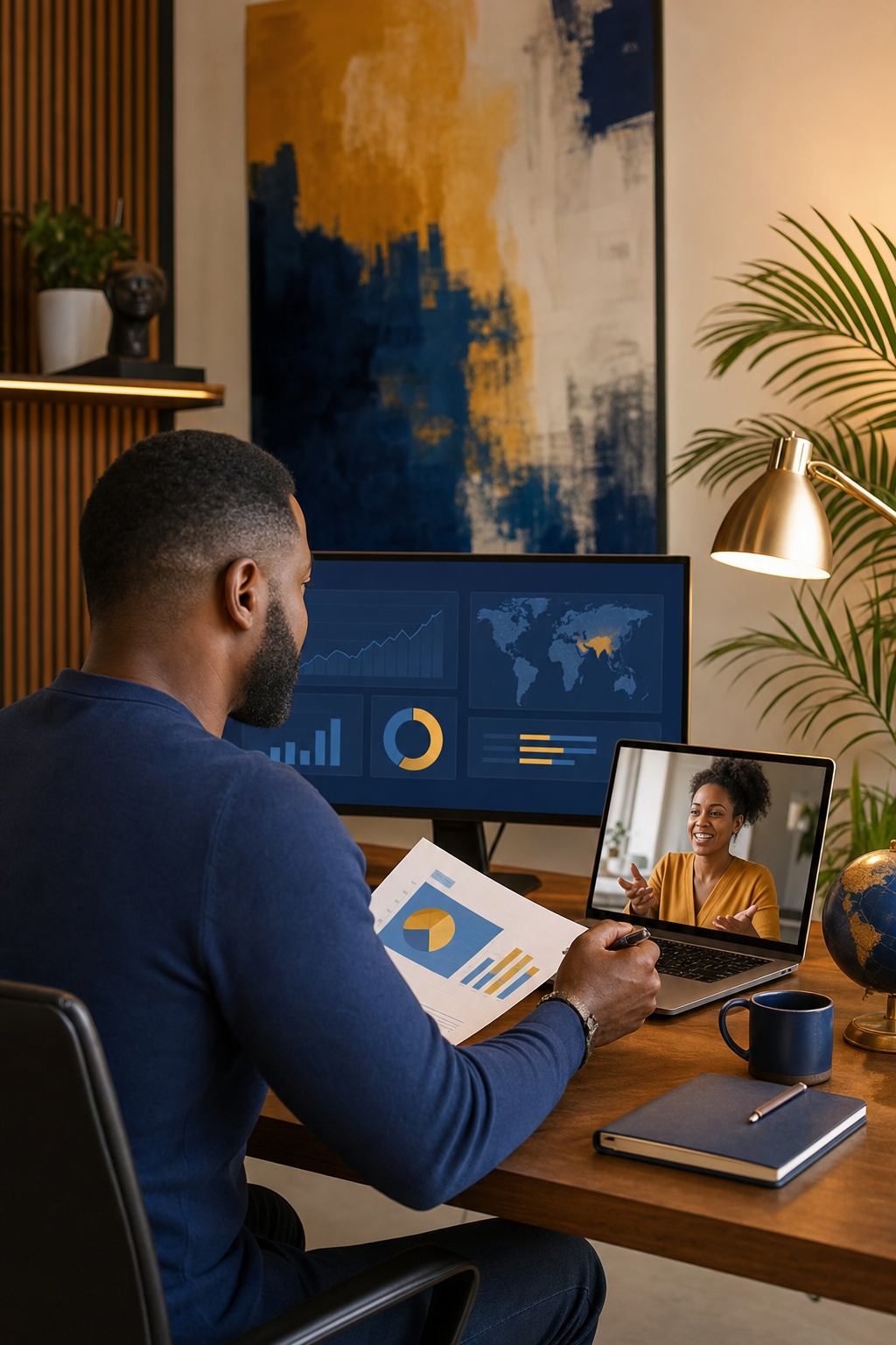 Business owner reviewing reports and a management dashboard during a video call