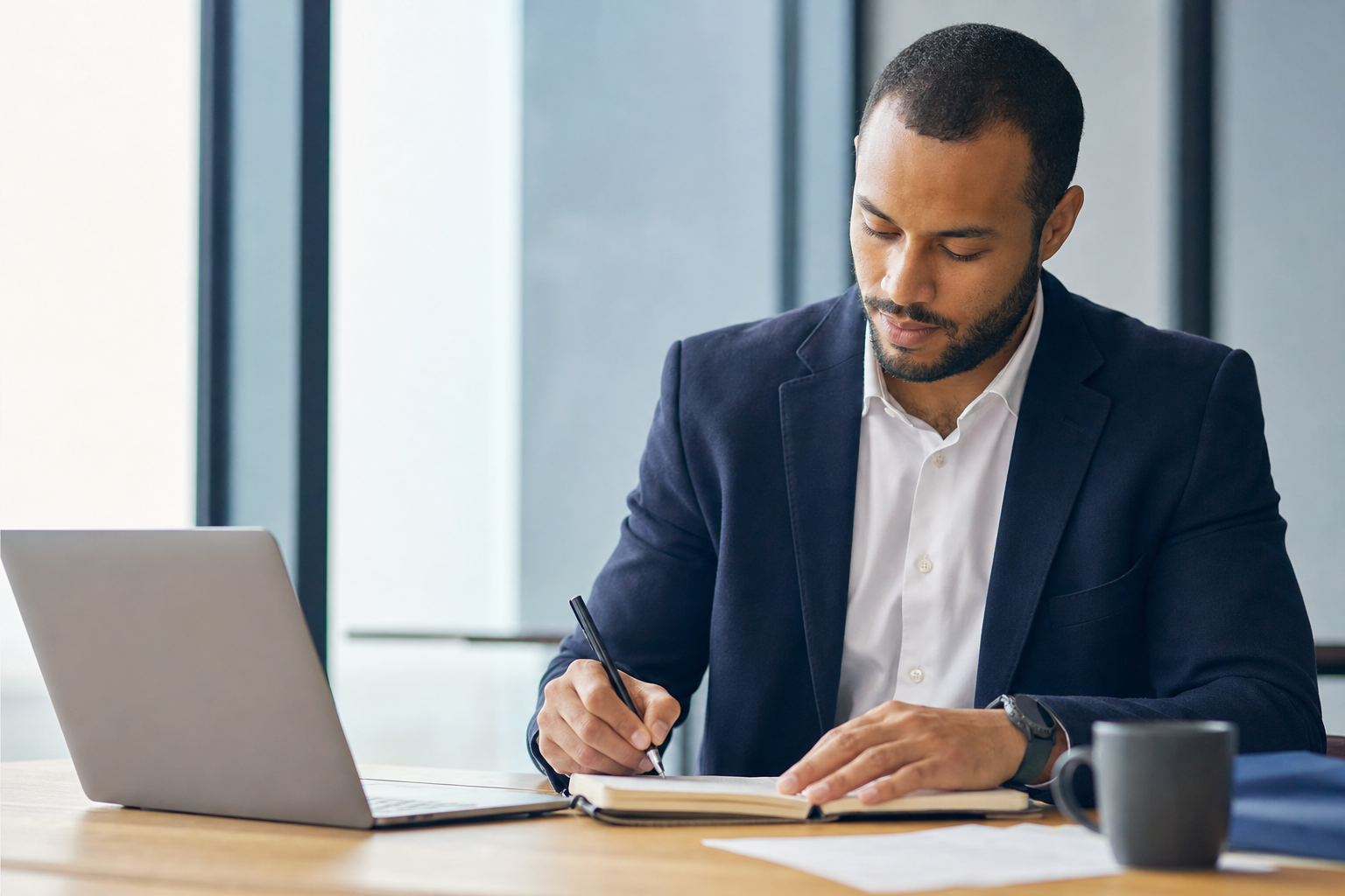 Business professional writing beside a laptop