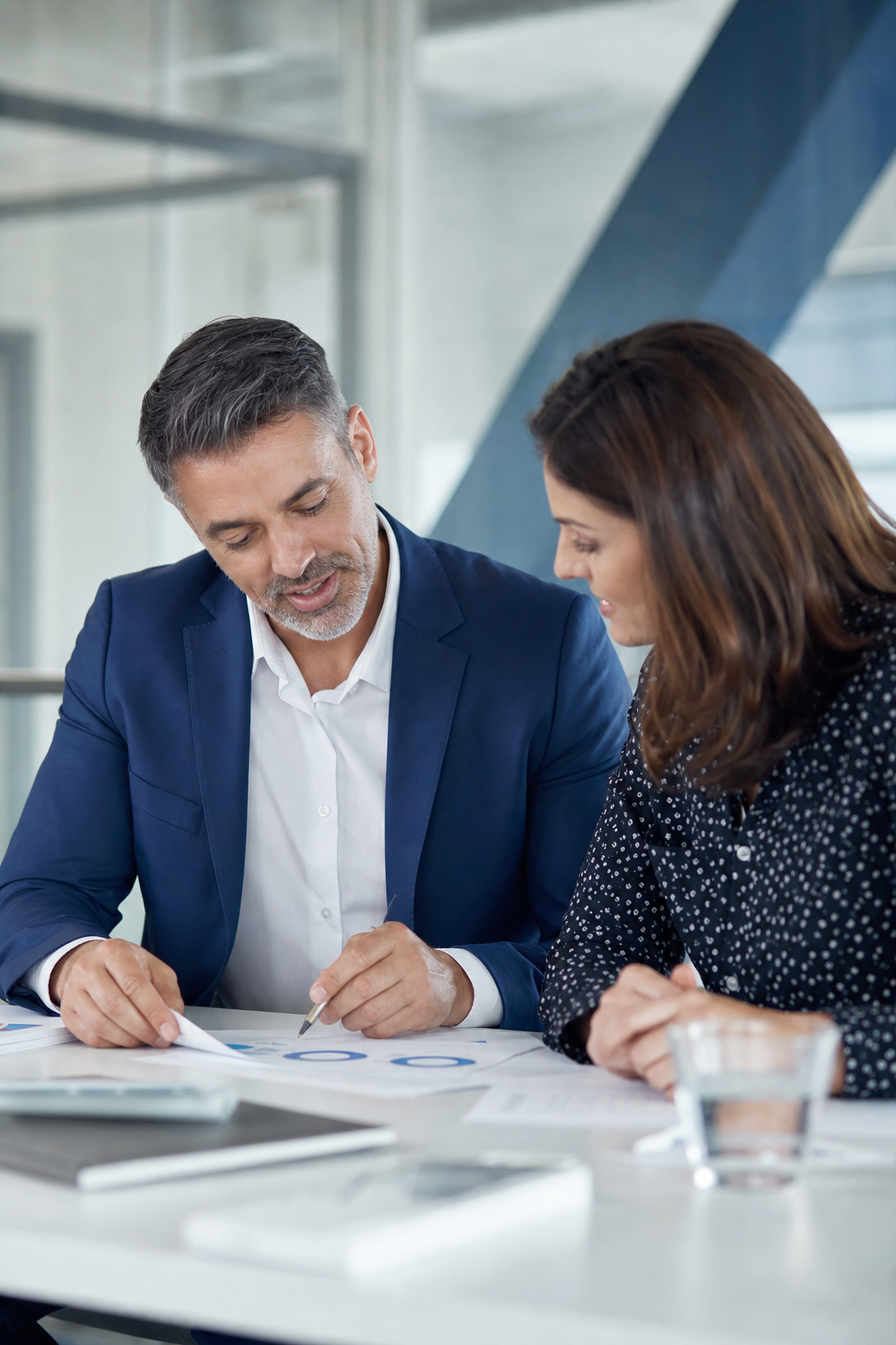 Two business professionals reviewing charts and documents at a table