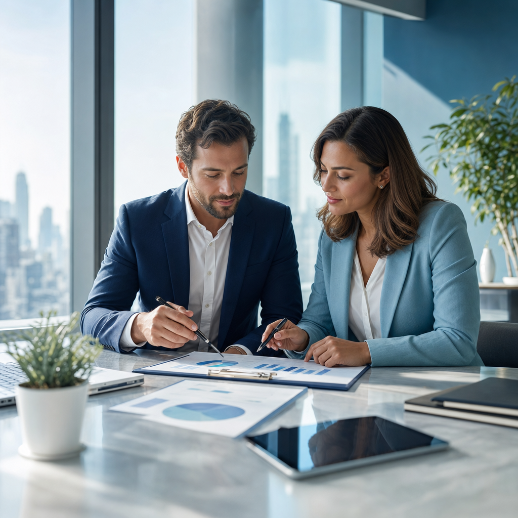 Two business professionals reviewing financial charts at a desk in a bright office