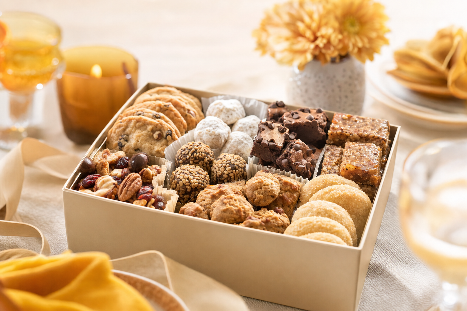 Concept image representing gift-ready or gathering-ready treat-box packaging.