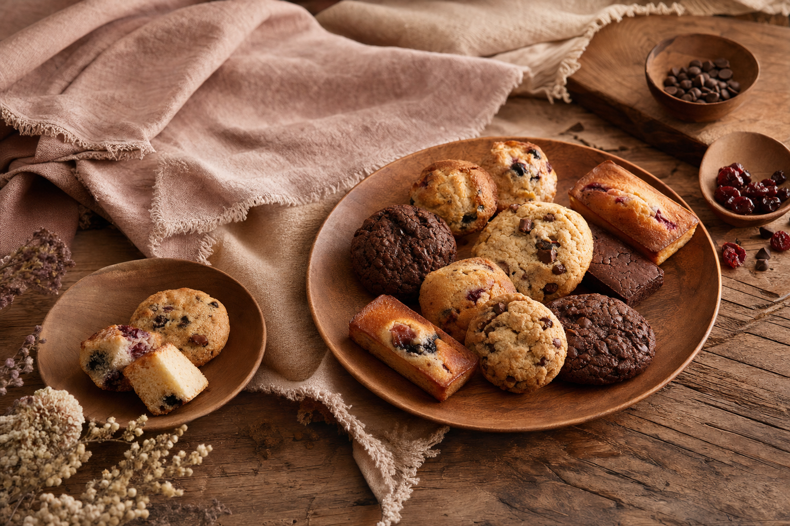Cropped tabletop scene with fabric, wood, and baked goods