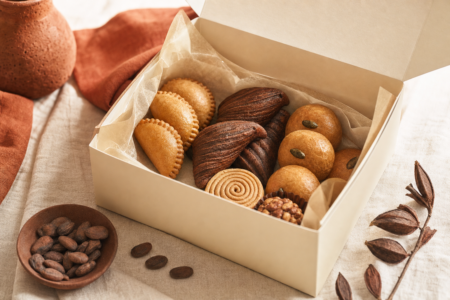 One polished editorial image for the hero that suggests a warm, gift-ready pastry-box concept without depicting it as an actual Butter & Home product.