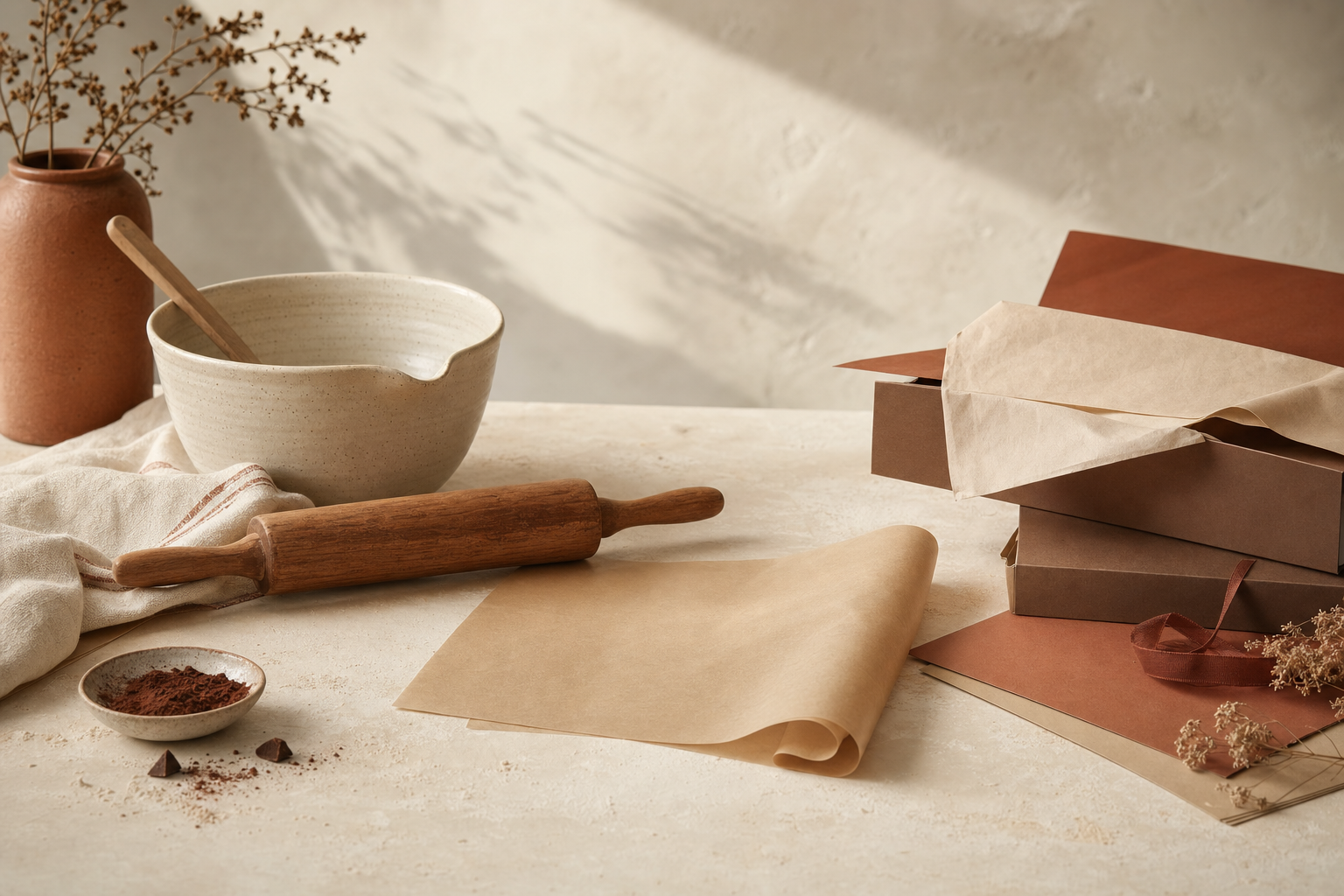 Conceptual bakery worktable with parchment, baking tools, and gift-ready packaging.